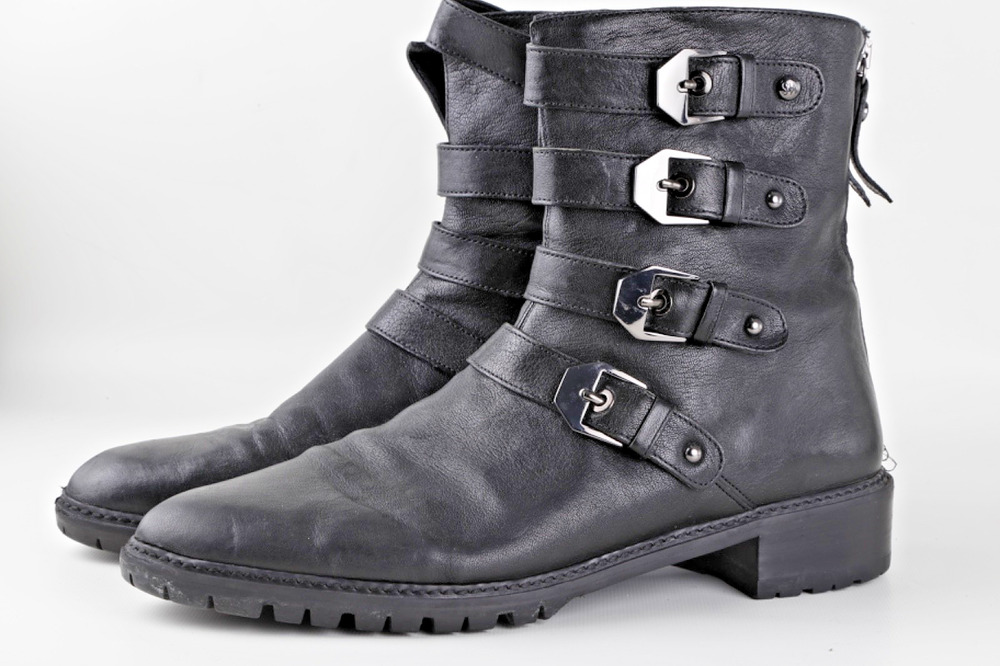 Stuart Weitzman Jitterbug Moto Booties Black Leather Multi Buckle Boots Sz 9.5 M
